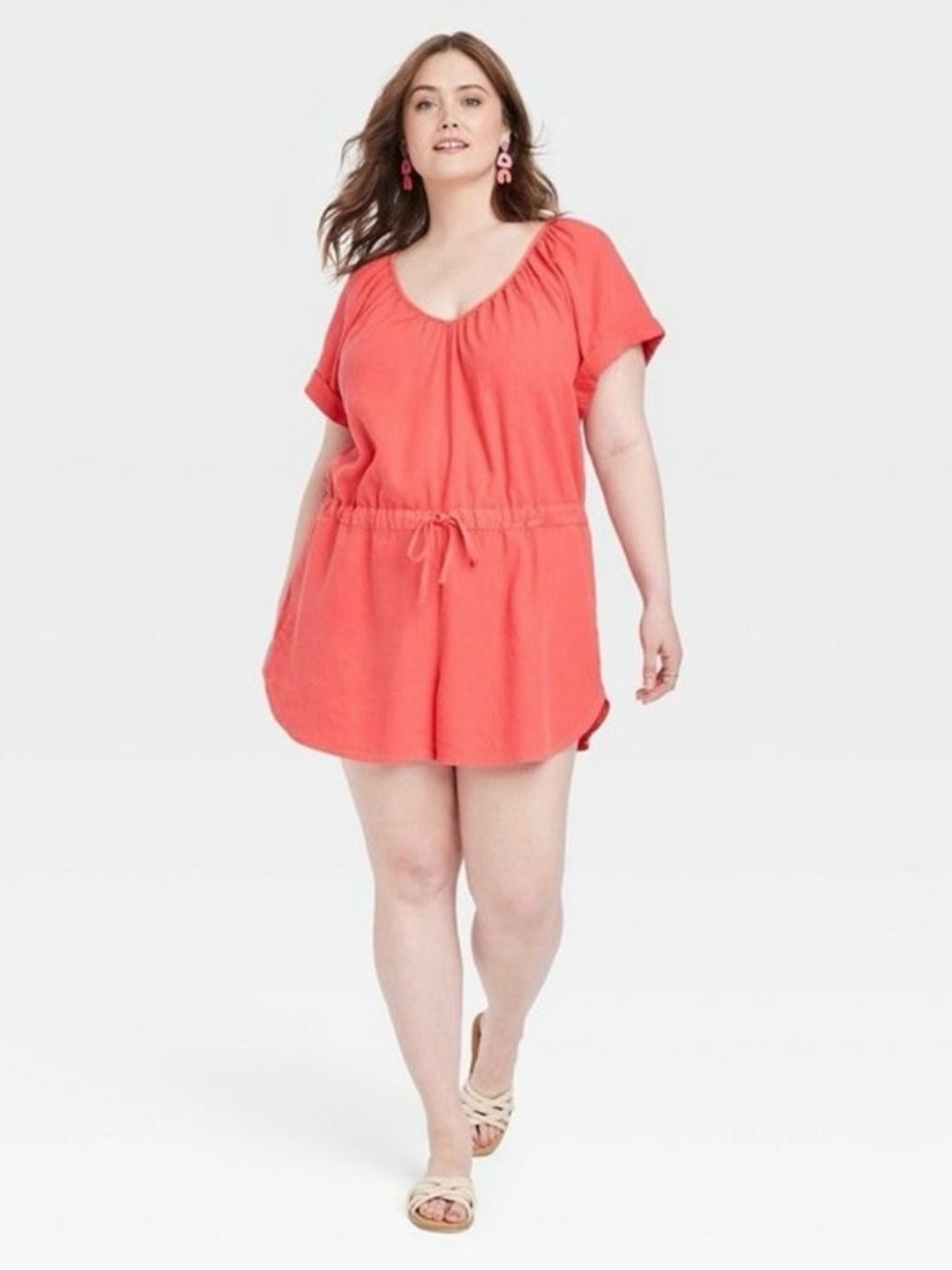 Linen Blend Short Romper Short Sleeve Coral Pink Size XXL Beach Universal Thread